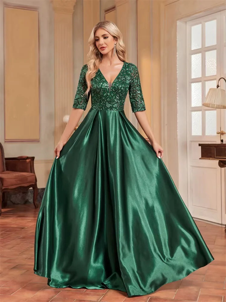 Vestido de Luxo com manga curta de cetim com decote em v