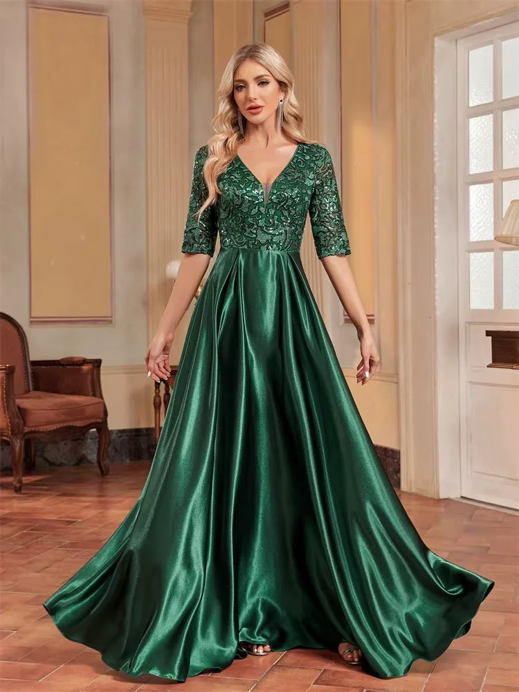 Vestido de Luxo com manga curta de cetim com decote em v