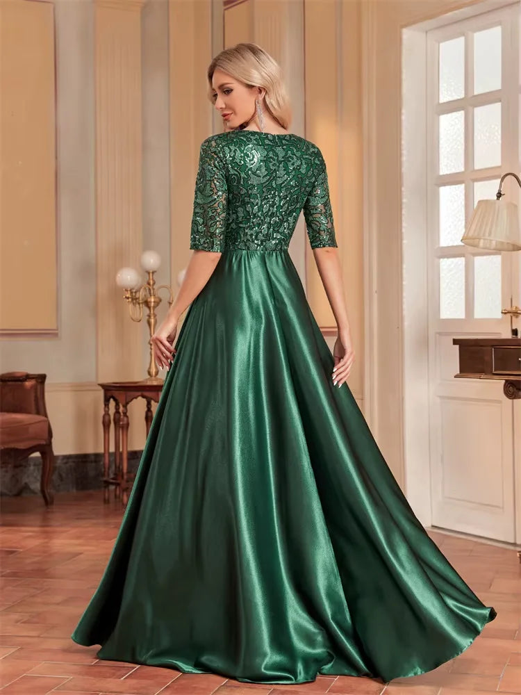 Vestido de Luxo com manga curta de cetim com decote em v
