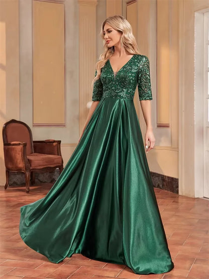 Vestido de Luxo com manga curta de cetim com decote em v