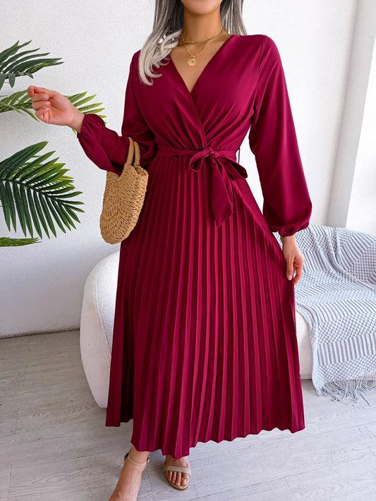 Vestido elegante maxi plissado de manga comprida com decote em V