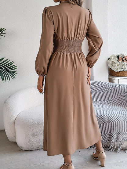Vestido Elegante de manga comprida com decote em V com cintura franzida