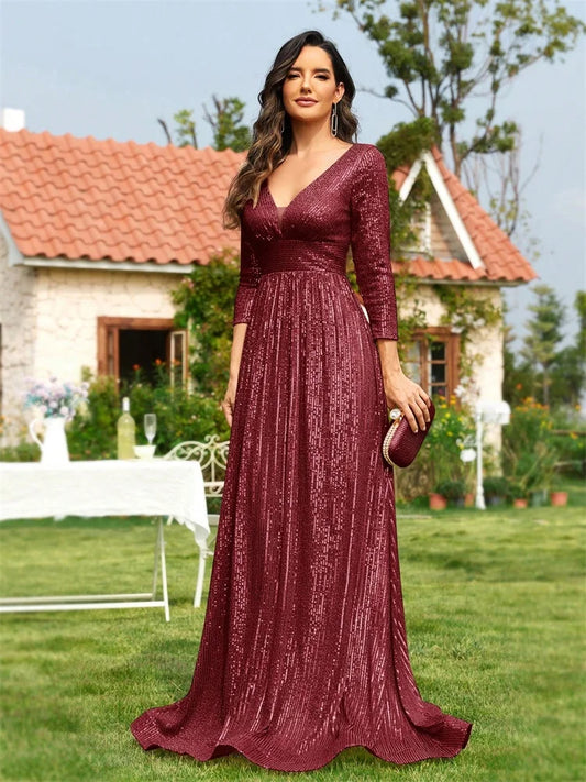 Vestido  de Luxo de mangas compridas e  Lantejoulas com decote em  V