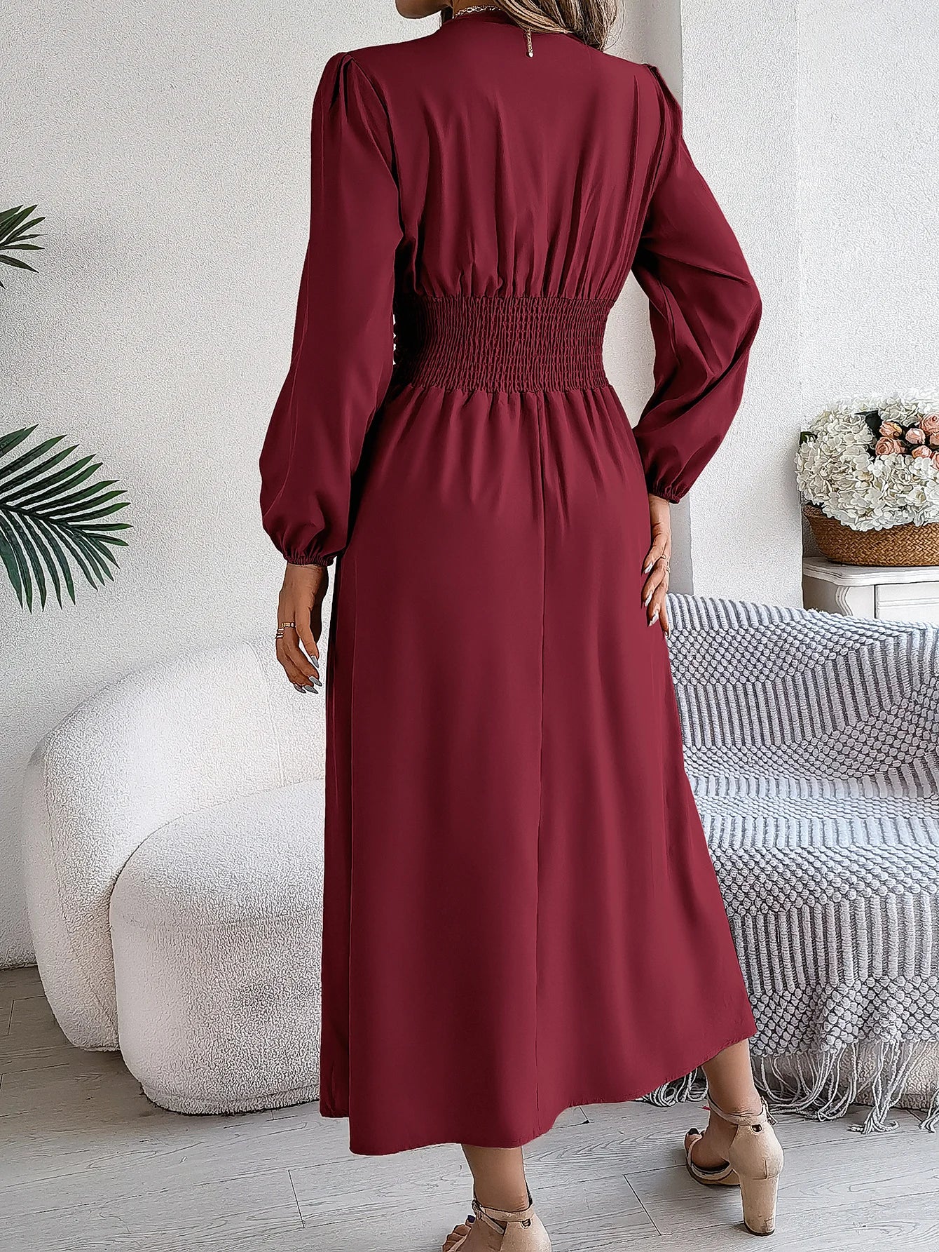 Vestido Elegante de manga comprida com decote em V com cintura franzida