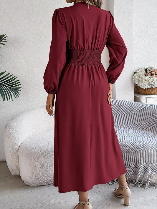 Vestido Elegante de manga comprida com decote em V com cintura franzida