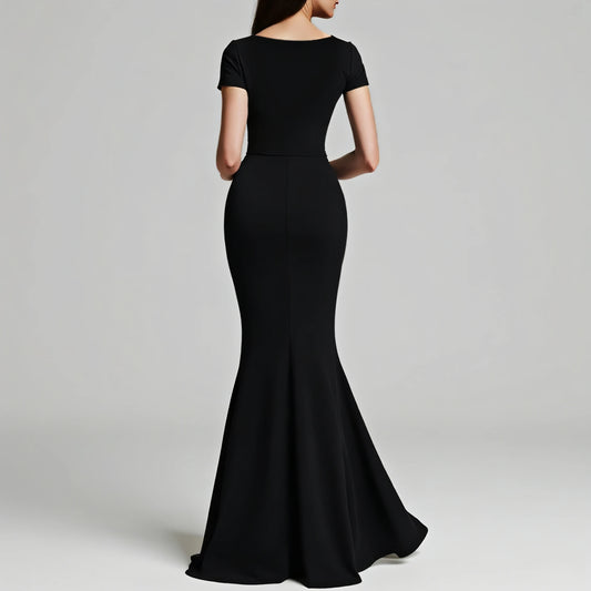Vestido Elegante de Manga Curta Plunge Neck