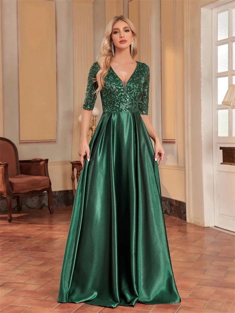 Vestido de Luxo com manga curta de cetim com decote em v