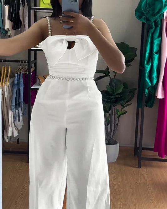 Macacões longos com miçangas bandeau femininos, coleção 2025, moda Spaghetti Strap Bowknot.