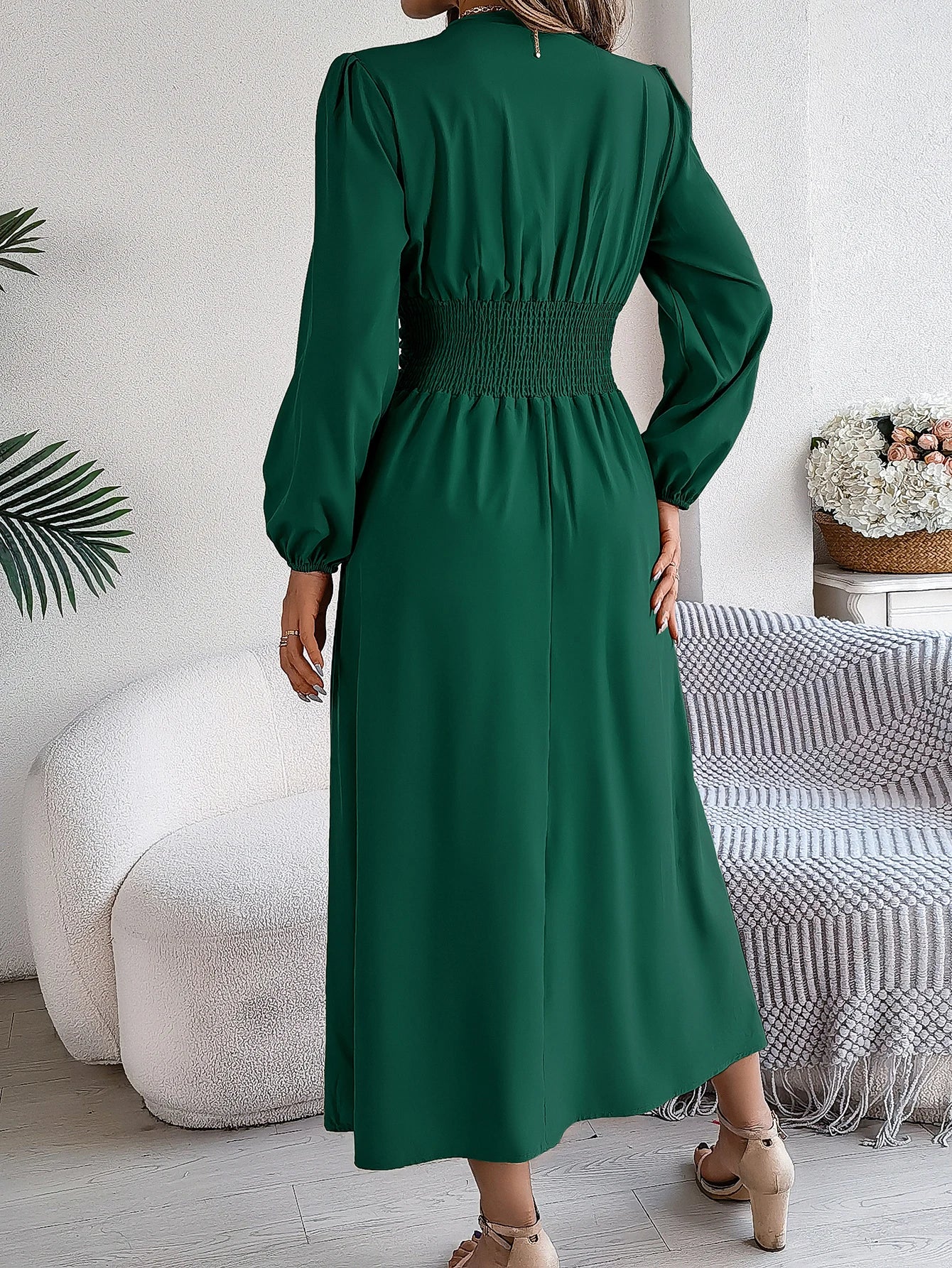 Vestido Elegante de manga comprida com decote em V com cintura franzida