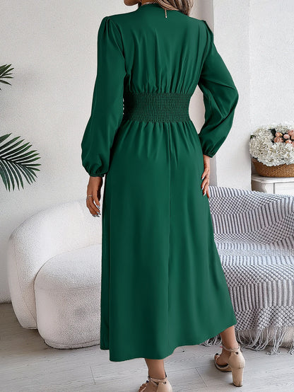 Vestido Elegante de manga comprida com decote em V com cintura franzida
