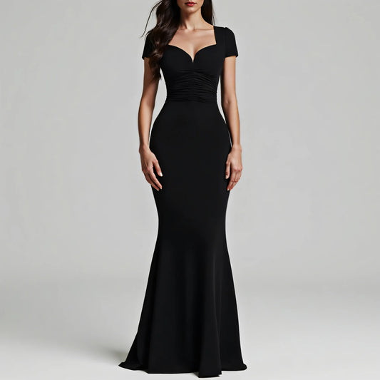 Vestido Elegante de Manga Curta Plunge Neck